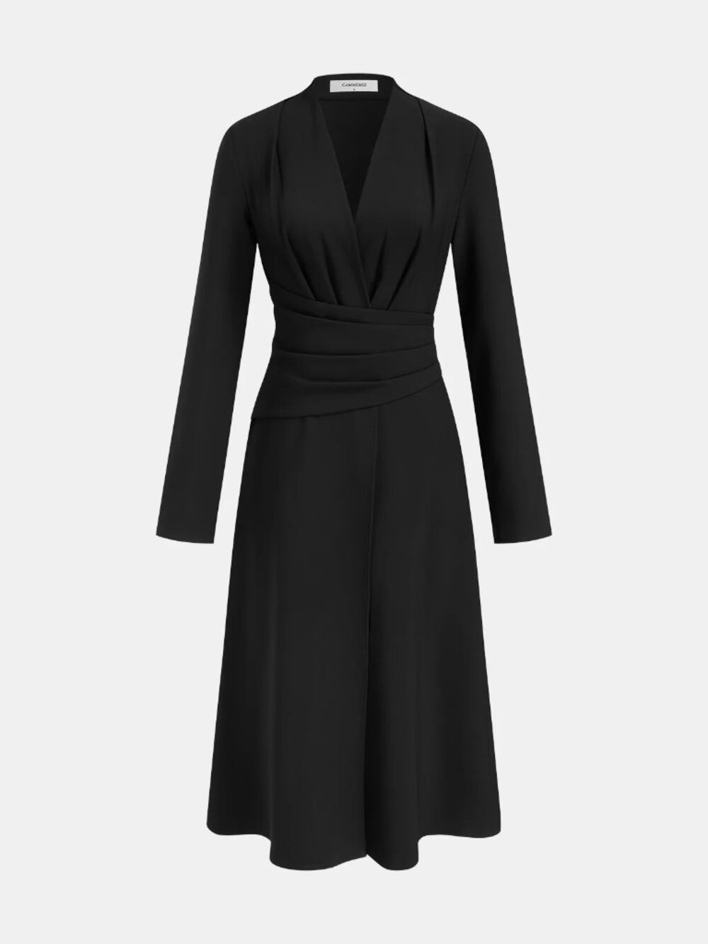 COMMENSE V-Neck Ruched Waist Midi Dress Black M